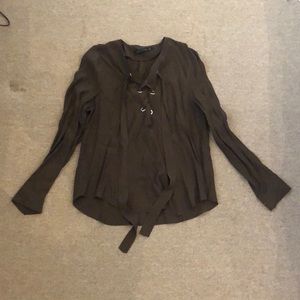 Zara Olive Green Tie Long Sleeve Blouse